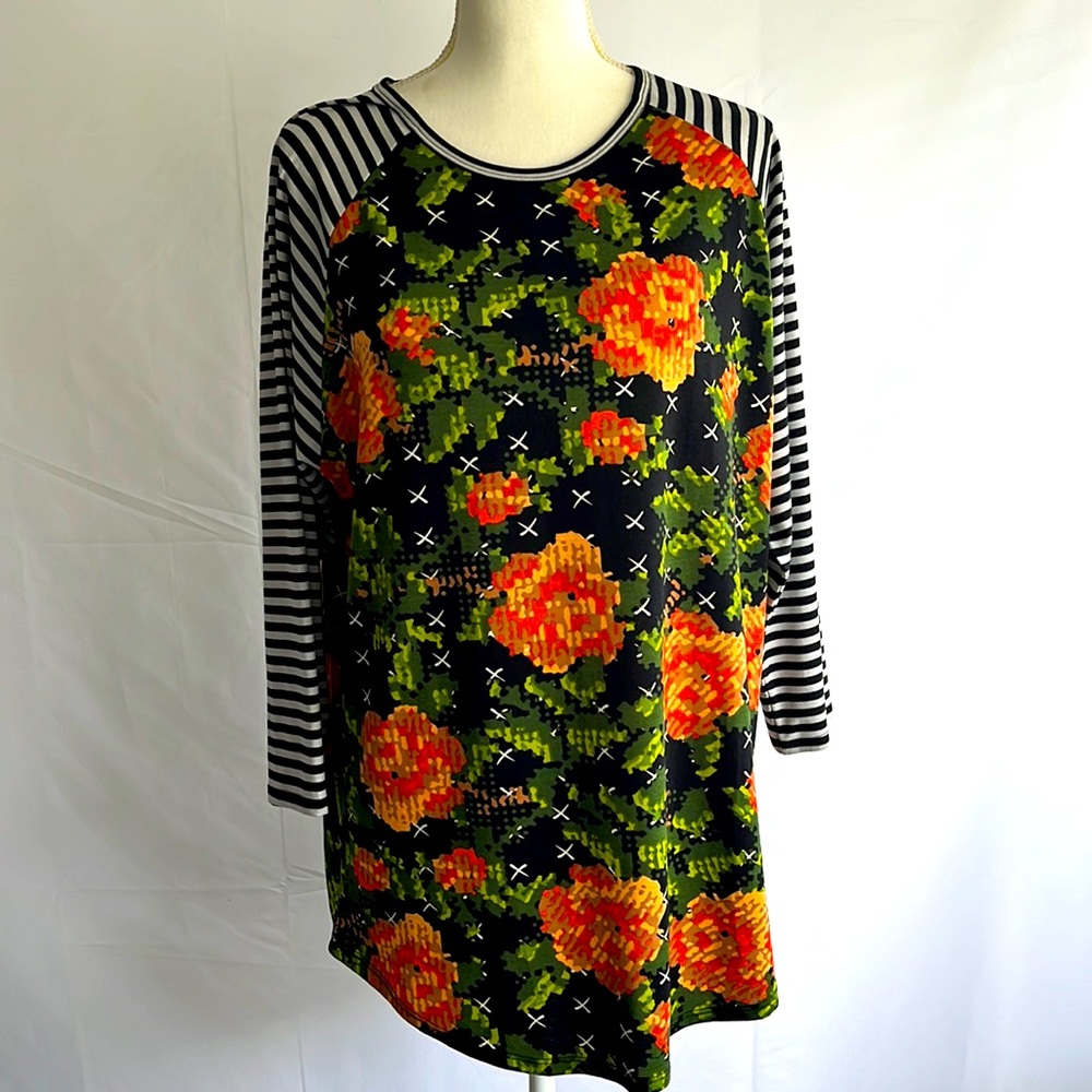 Lularoe long sleeve top, Size 2X, Polyester/Spandex, Bold floral/striped